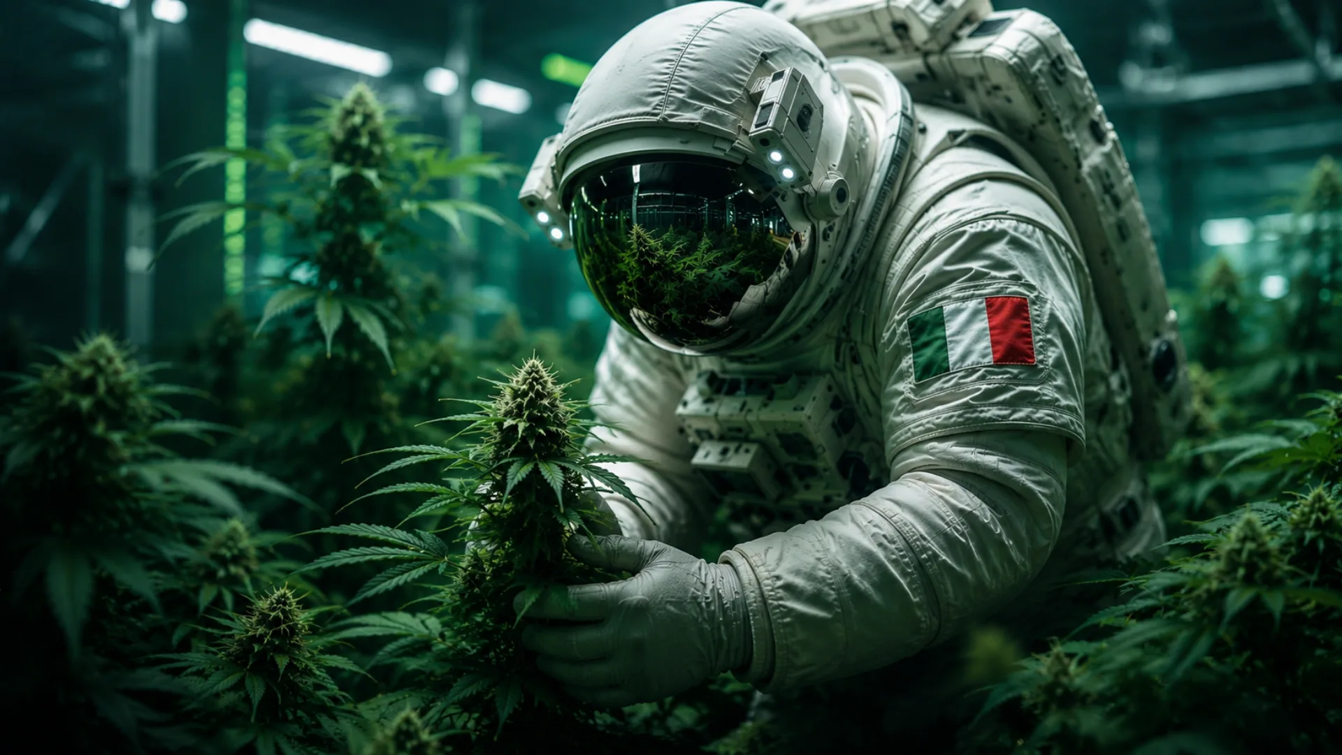 Astronauta che osserva un germoglio di cannabis — Plant0farm